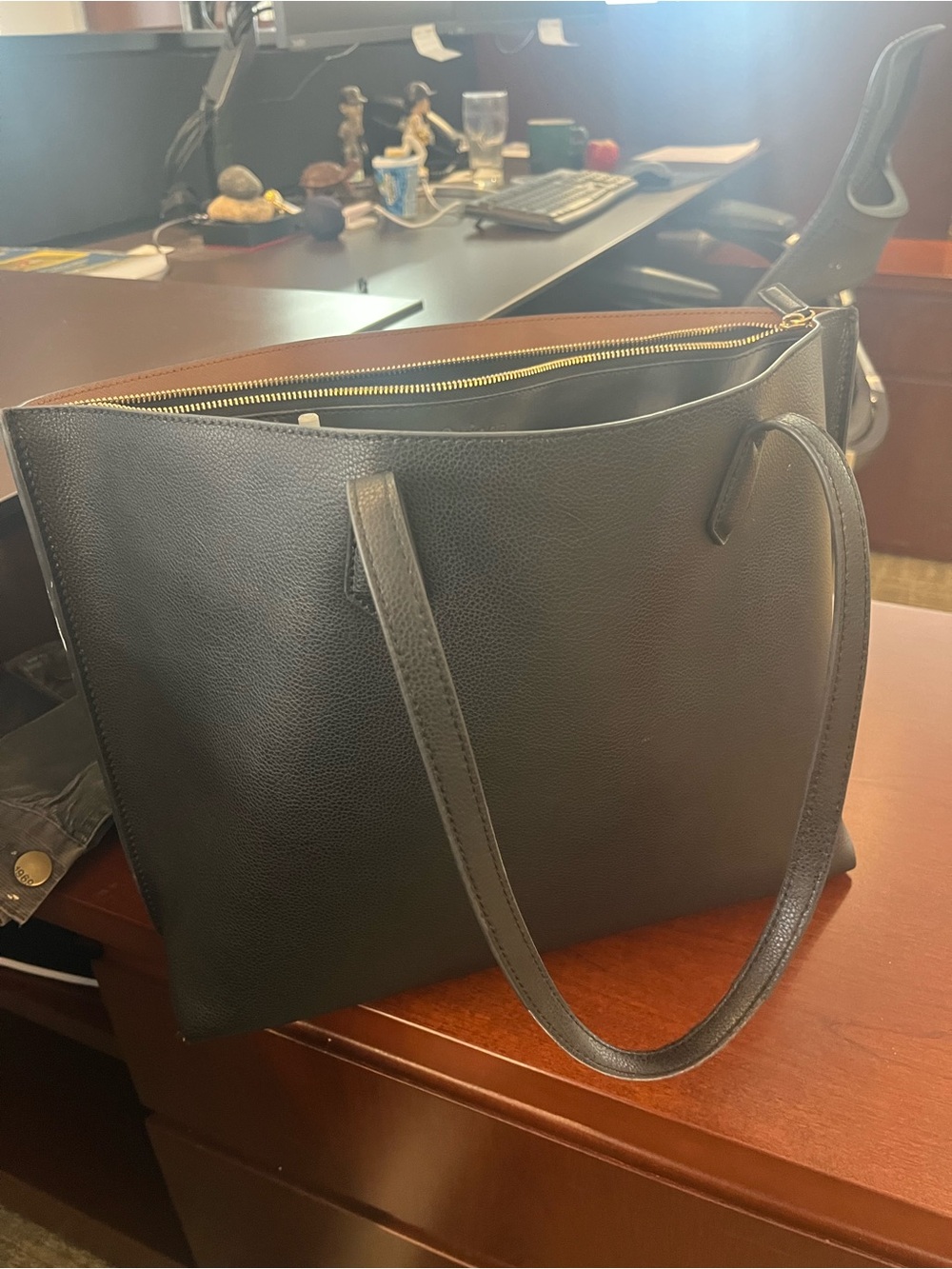 Quince Italian Leather Adeline Shopper Work Tote Bag Black